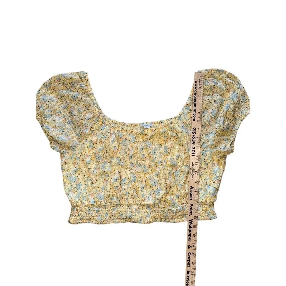 American Eagle Blouse‎ Womens XL Yellow Blue Floral Smocked Cropped Puff peasant